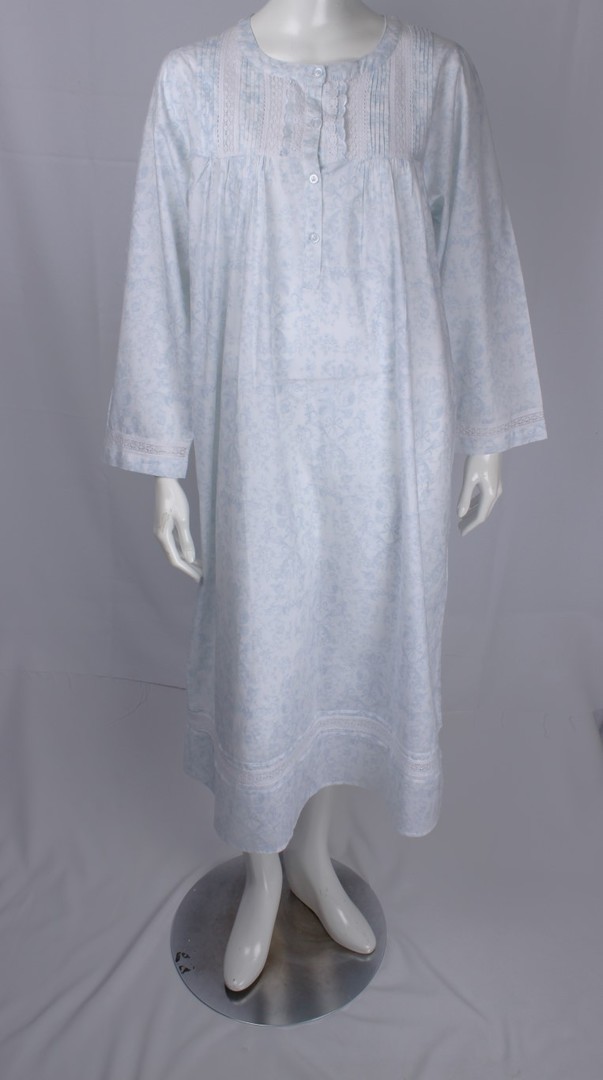 ALICE & LILY cotton poplin winter L/S nightie w pleated and lace floral yoke blue toile Style :AL/ND-514 image 0